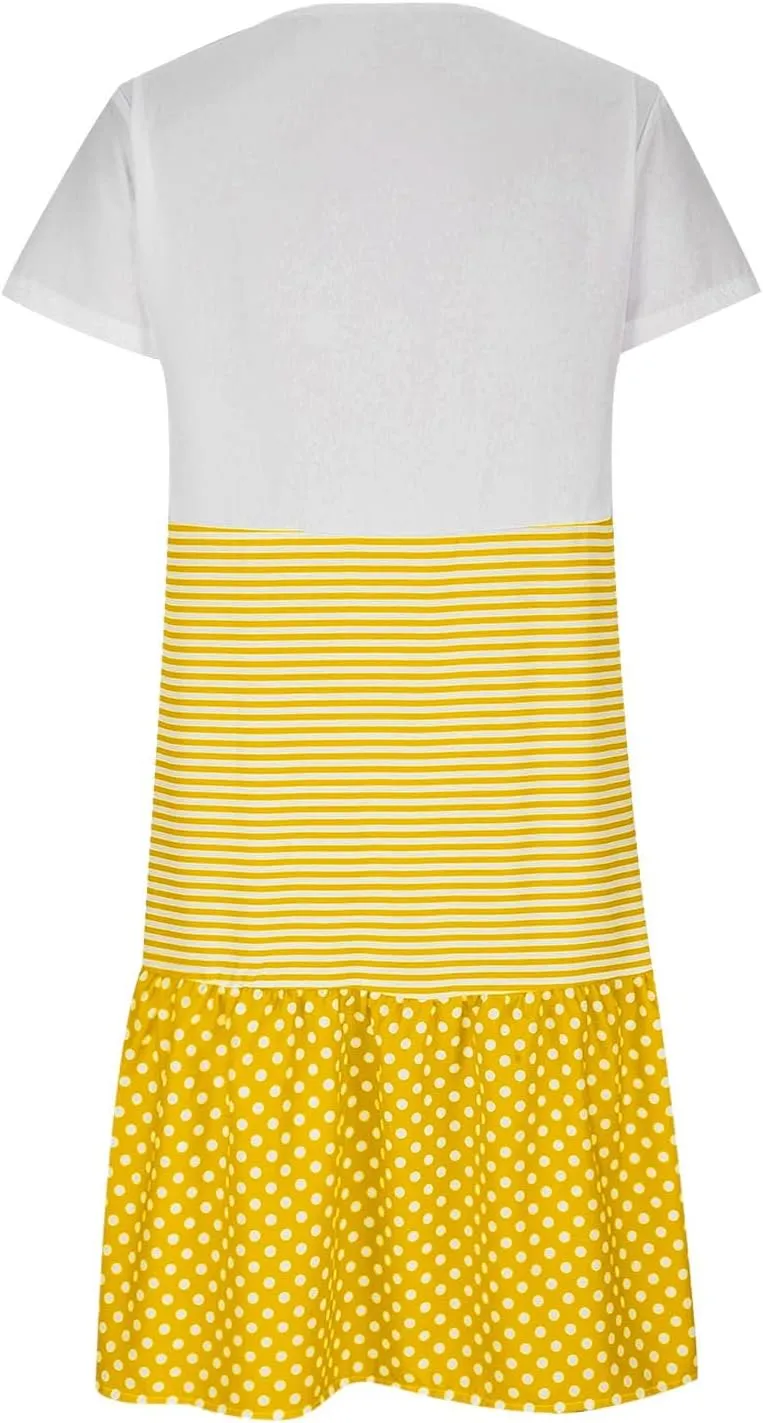 Colorblock Midi Dress for Women 2025 Summer Short Sleeve Loose Tshirt Dress Casual Crewneck Tiered Flowy Sundress