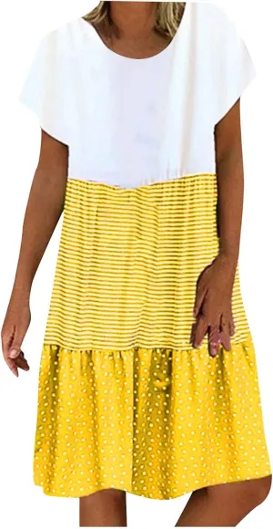 Colorblock Midi Dress for Women 2025 Summer Short Sleeve Loose Tshirt Dress Casual Crewneck Tiered Flowy Sundress