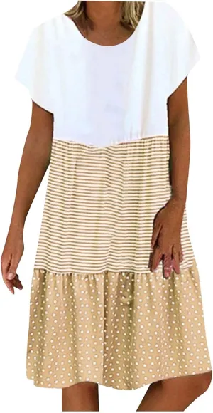 Colorblock Midi Dress for Women 2025 Summer Short Sleeve Loose Tshirt Dress Casual Crewneck Tiered Flowy Sundress