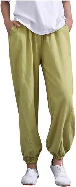 Comfy Pants for Women Summer Trendy Loose Cotton Linen Pants 2025 Palazzo High Waisted Long Trousers with Pockets