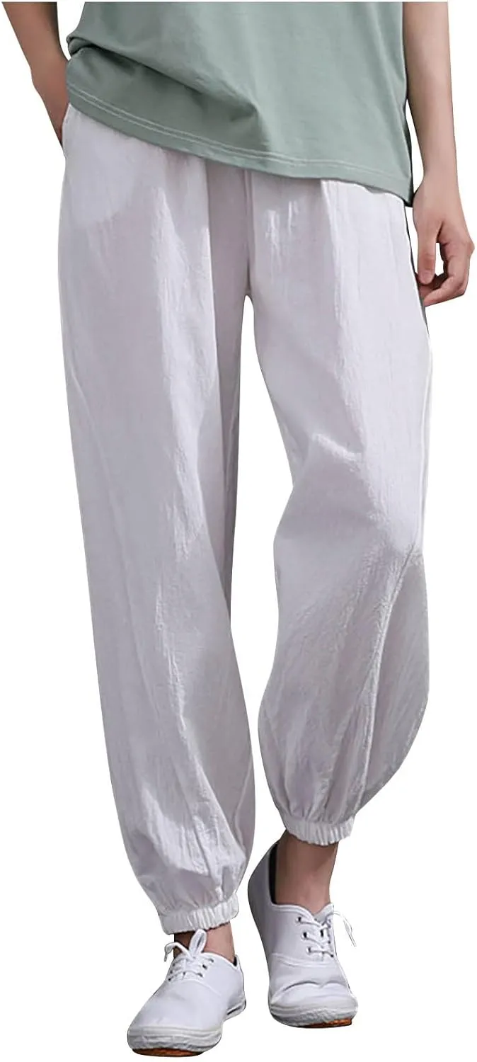 Comfy Pants for Women Summer Trendy Loose Cotton Linen Pants 2025 Palazzo High Waisted Long Trousers with Pockets