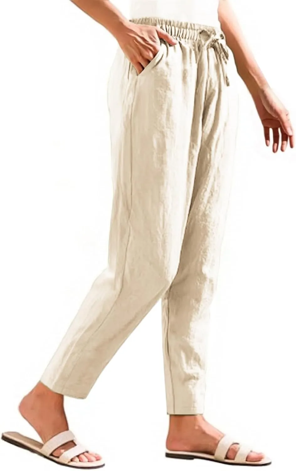 Cotton Linen Capri Pants for Women,Dress Sweatpants Wide Leg Cargo Trousers Leg High Waisted Petite