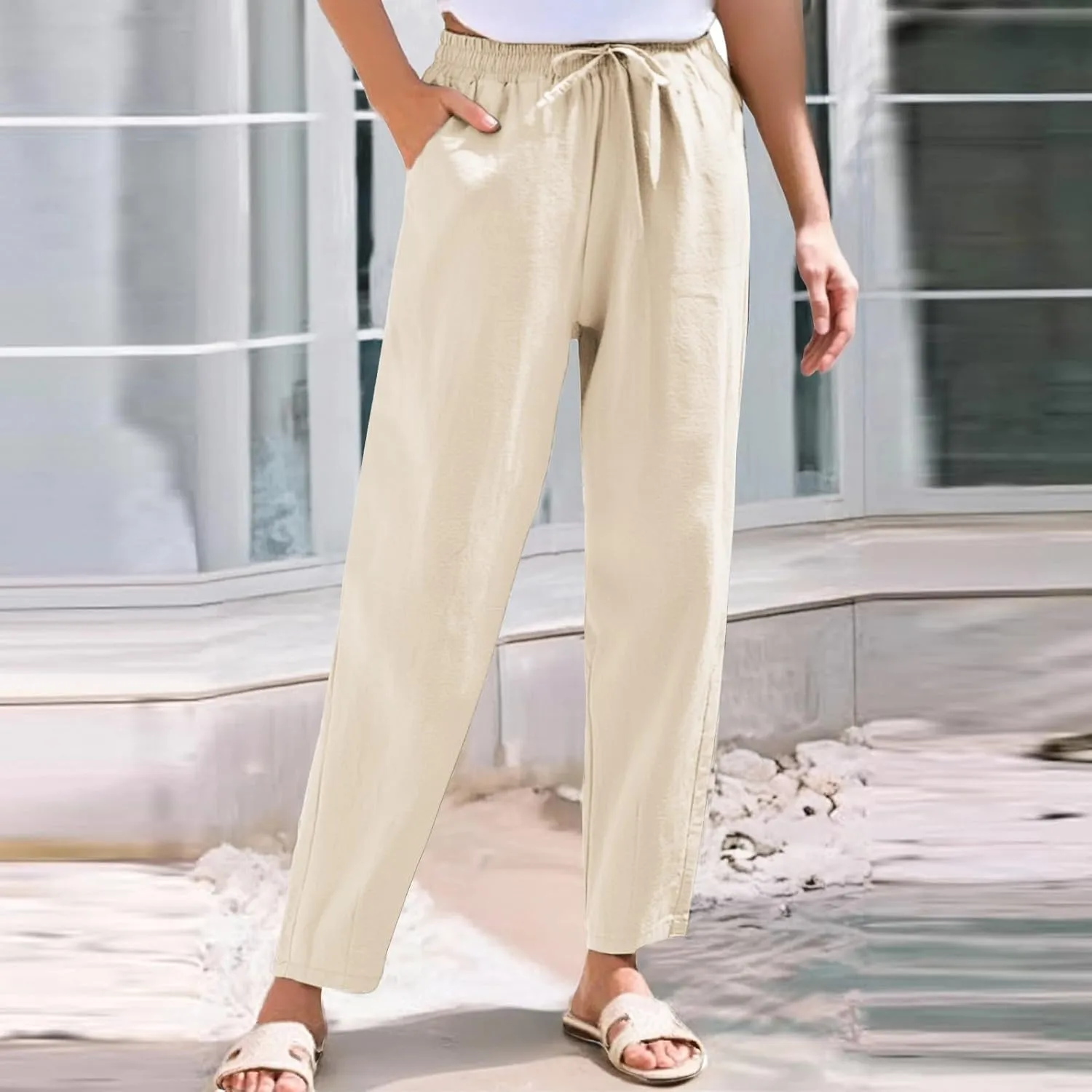 Cotton Linen Capri Pants for Women,Dress Sweatpants Wide Leg Cargo Trousers Leg High Waisted Petite
