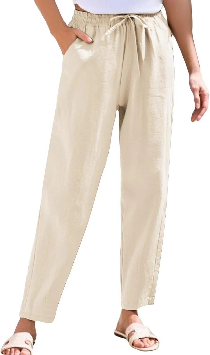 Cotton Linen Capri Pants for Women,Dress Sweatpants Wide Leg Cargo Trousers Leg High Waisted Petite