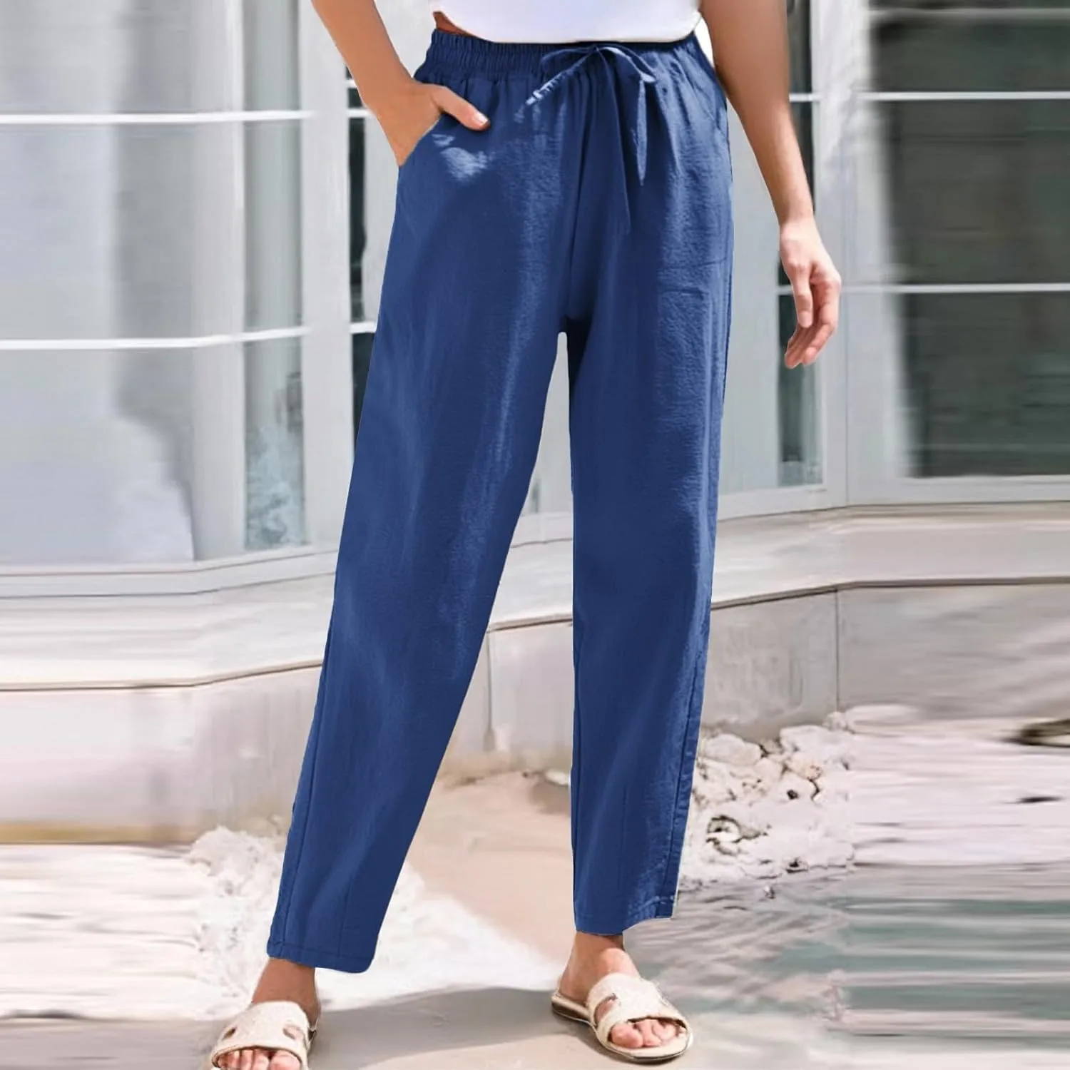 Cotton Linen Capri Pants for Women,Dress Sweatpants Wide Leg Cargo Trousers Leg High Waisted Petite