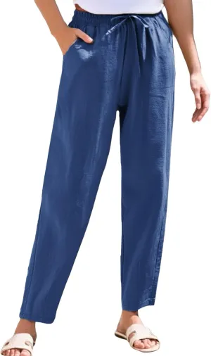 Cotton Linen Capri Pants for Women,Dress Sweatpants Wide Leg Cargo Trousers Leg High Waisted Petite