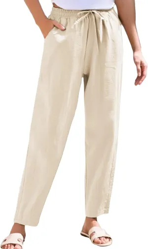 Cotton Linen Capri Pants for Women,Dress Sweatpants Wide Leg Cargo Trousers Leg High Waisted Petite