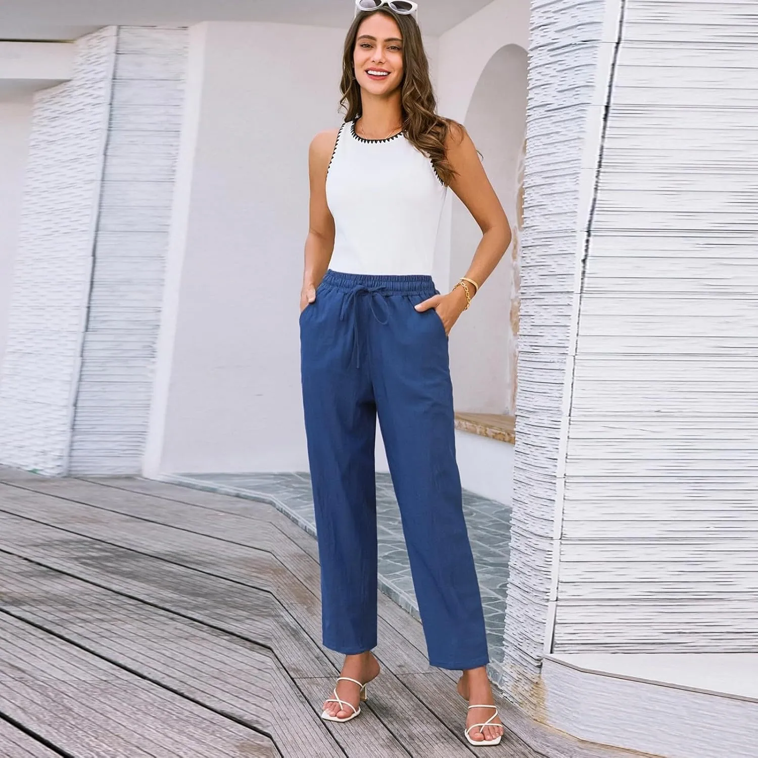 Cotton Linen Capri Pants for Women,Dress Sweatpants Wide Leg Cargo Trousers Leg High Waisted Petite
