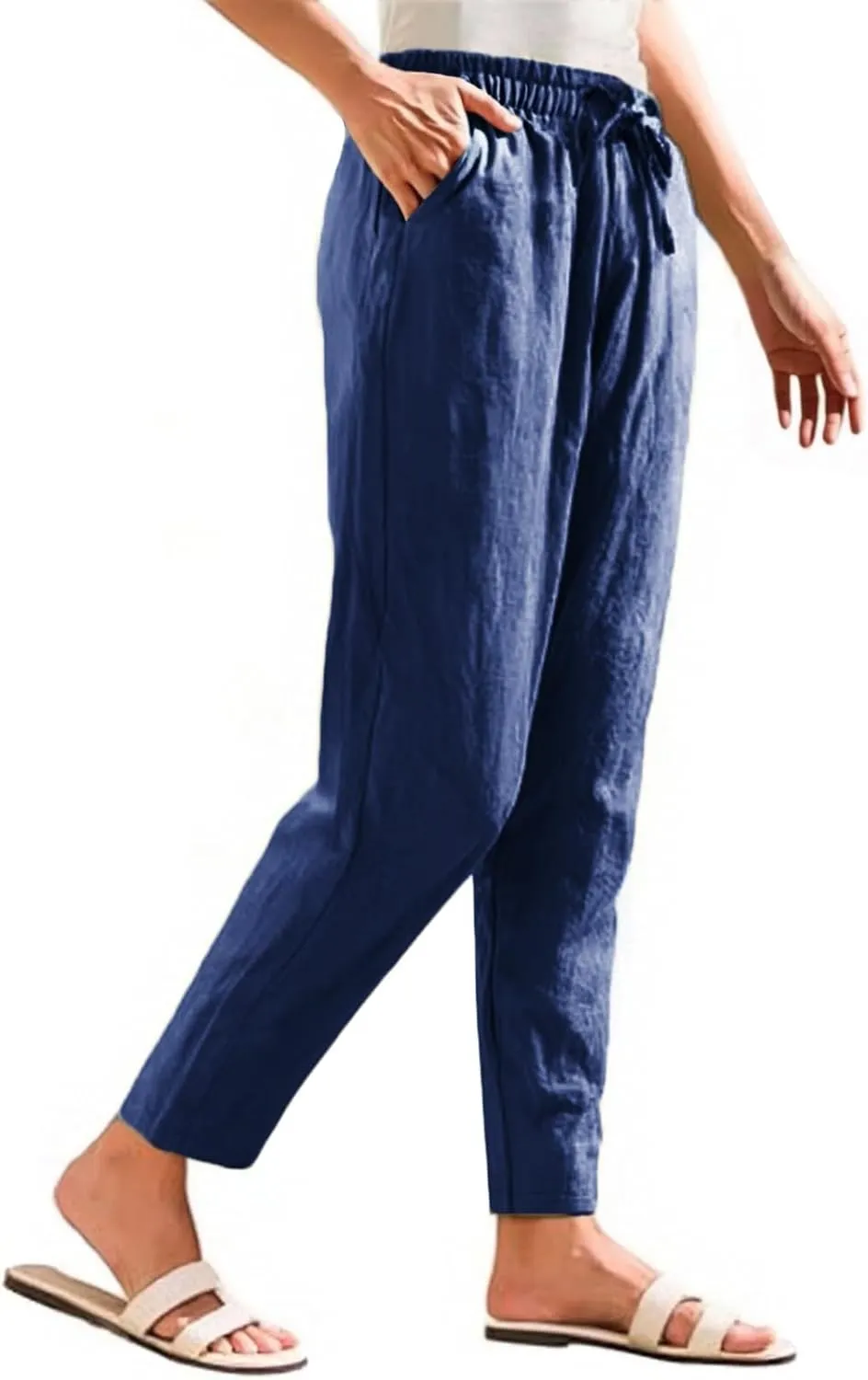 Cotton Linen Capri Pants for Women,Dress Sweatpants Wide Leg Cargo Trousers Leg High Waisted Petite