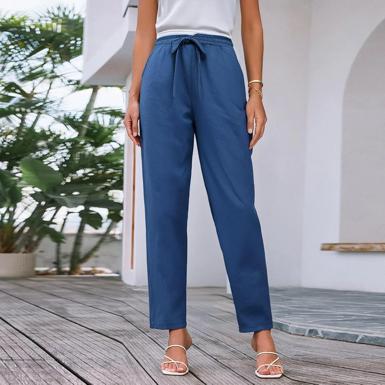 Cotton Linen Capri Pants for Women,Dress Sweatpants Wide Leg Cargo Trousers Leg High Waisted Petite