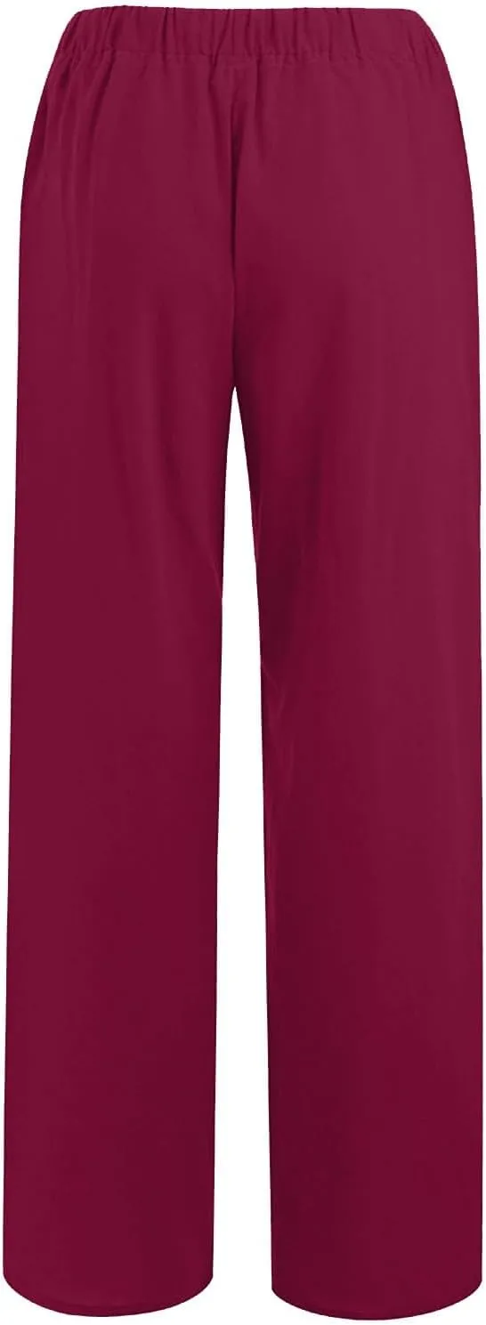 Cotton Linen Pants for Women Casual Straight Leg Trousers Drawstring High Waist Summer Wide Leg Pants with Pockets