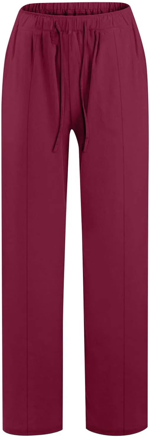 Cotton Linen Pants for Women Casual Straight Leg Trousers Drawstring High Waist Summer Wide Leg Pants with Pockets