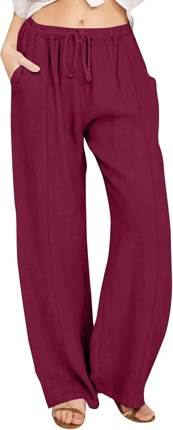 Cotton Linen Pants for Women Casual Straight Leg Trousers Drawstring High Waist Summer Wide Leg Pants with Pockets