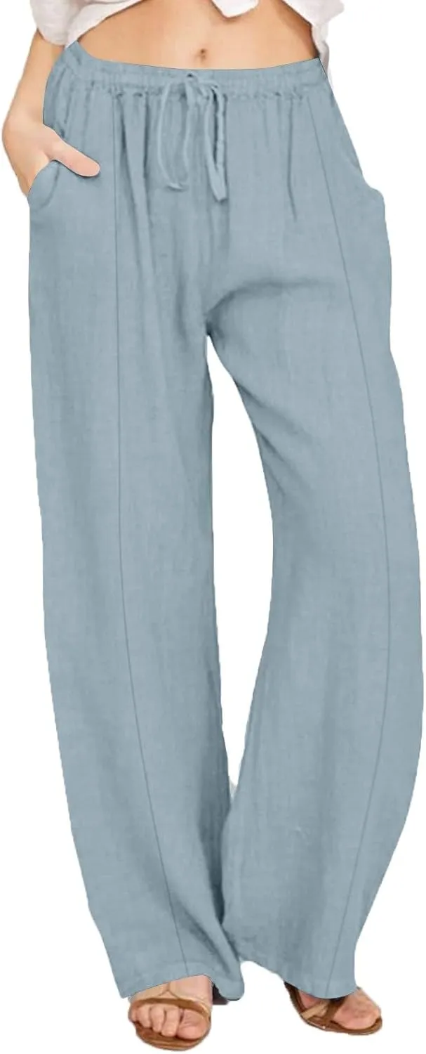 Cotton Linen Pants for Women Casual Straight Leg Trousers Drawstring High Waist Summer Wide Leg Pants with Pockets