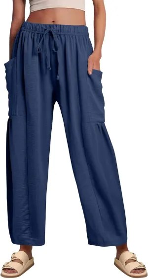 Cotton Linen Pants for Women Summer Drawstring High Waisted Flowy Wide Leg Pants Casual Multi-Pocket Solid Outfit 2025