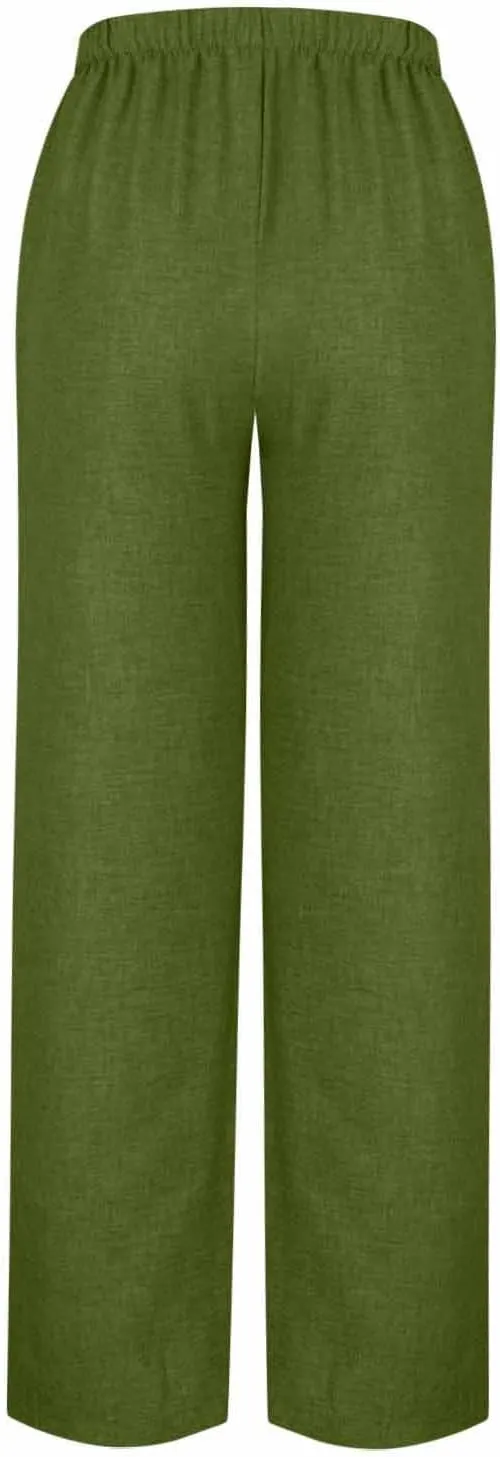 Cotton Linen Pants for Women Summer High Elastic Waist Drawstring Wide Leg Trousers Casual Comfy Pants with Pockets