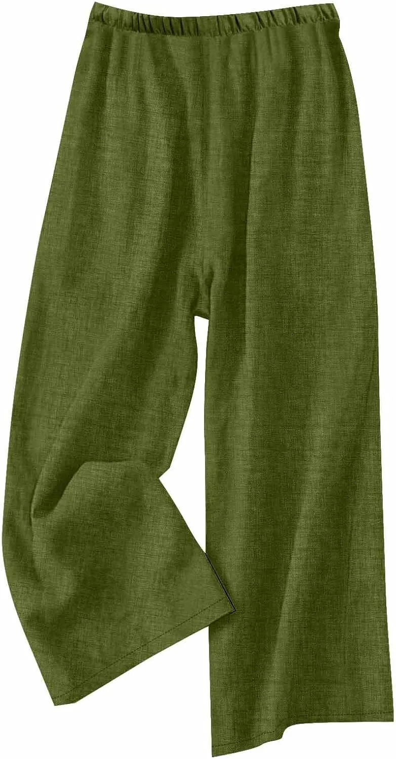 Cotton Linen Pants for Women Summer High Elastic Waist Drawstring Wide Leg Trousers Casual Comfy Pants with Pockets