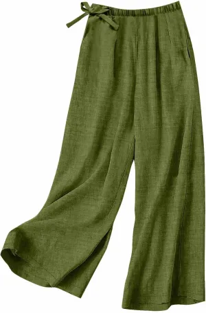Cotton Linen Pants for Women Summer High Elastic Waist Drawstring Wide Leg Trousers Casual Comfy Pants with Pockets
