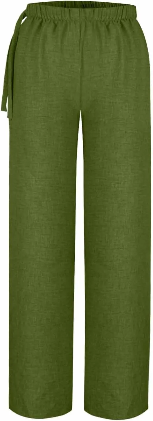 Cotton Linen Pants for Women Summer High Elastic Waist Drawstring Wide Leg Trousers Casual Comfy Pants with Pockets