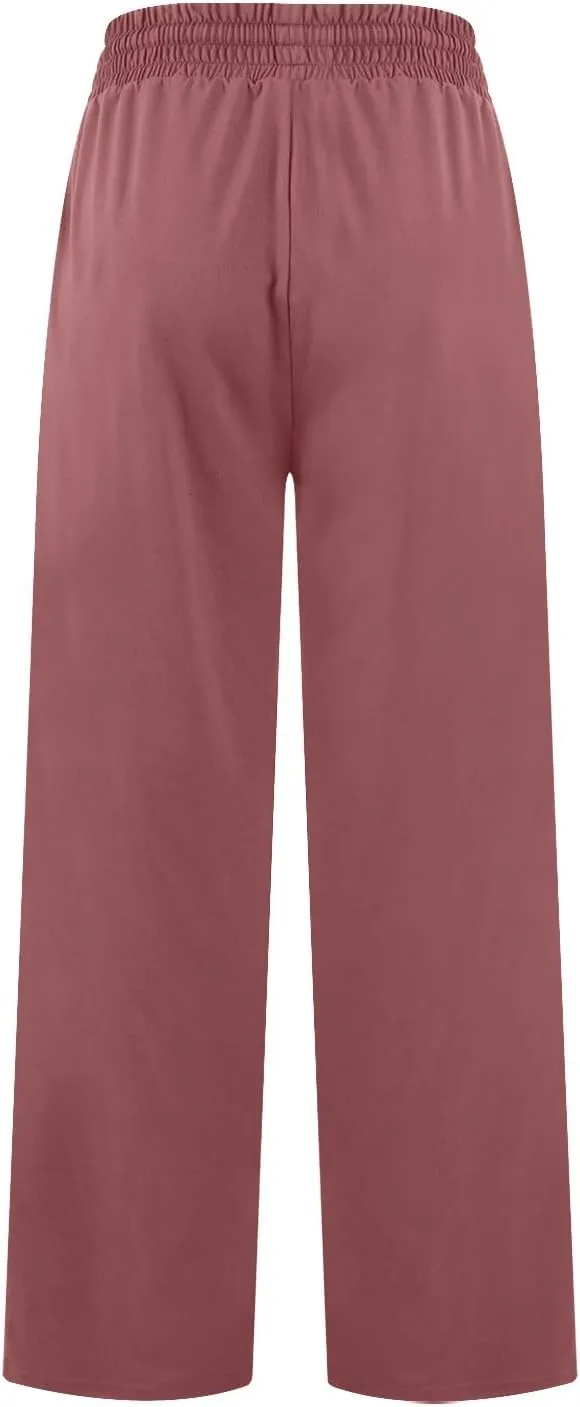 Cotton Linen Parachute Pants for Women Petite, Flowy Pants Wide Leg Summer High Waisted Trousers Cargo
