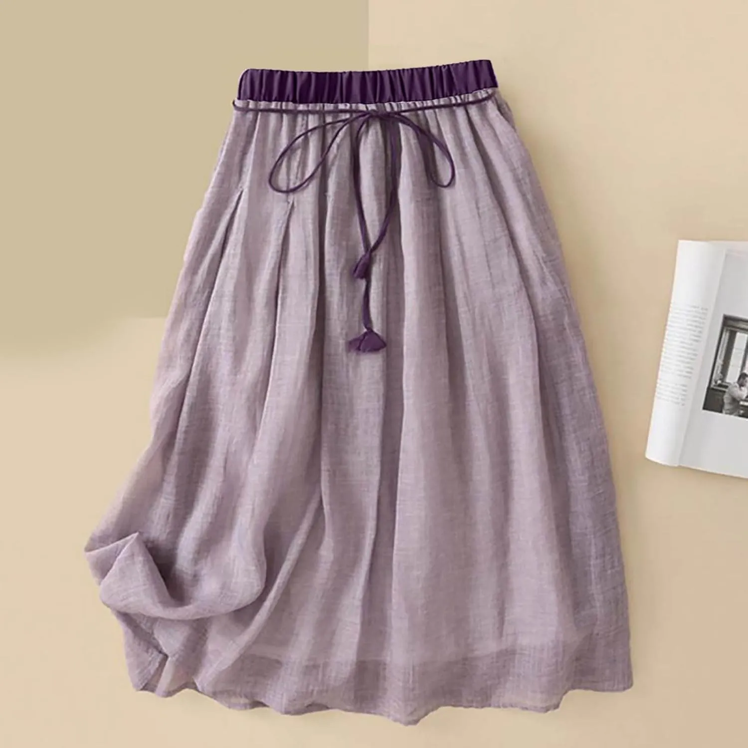 Cotton Linen Skirts for Women 2025 Summer Lightweight Beach Skirt Elastic Waist Lace-Up Flowy Boho Midi Skirt
