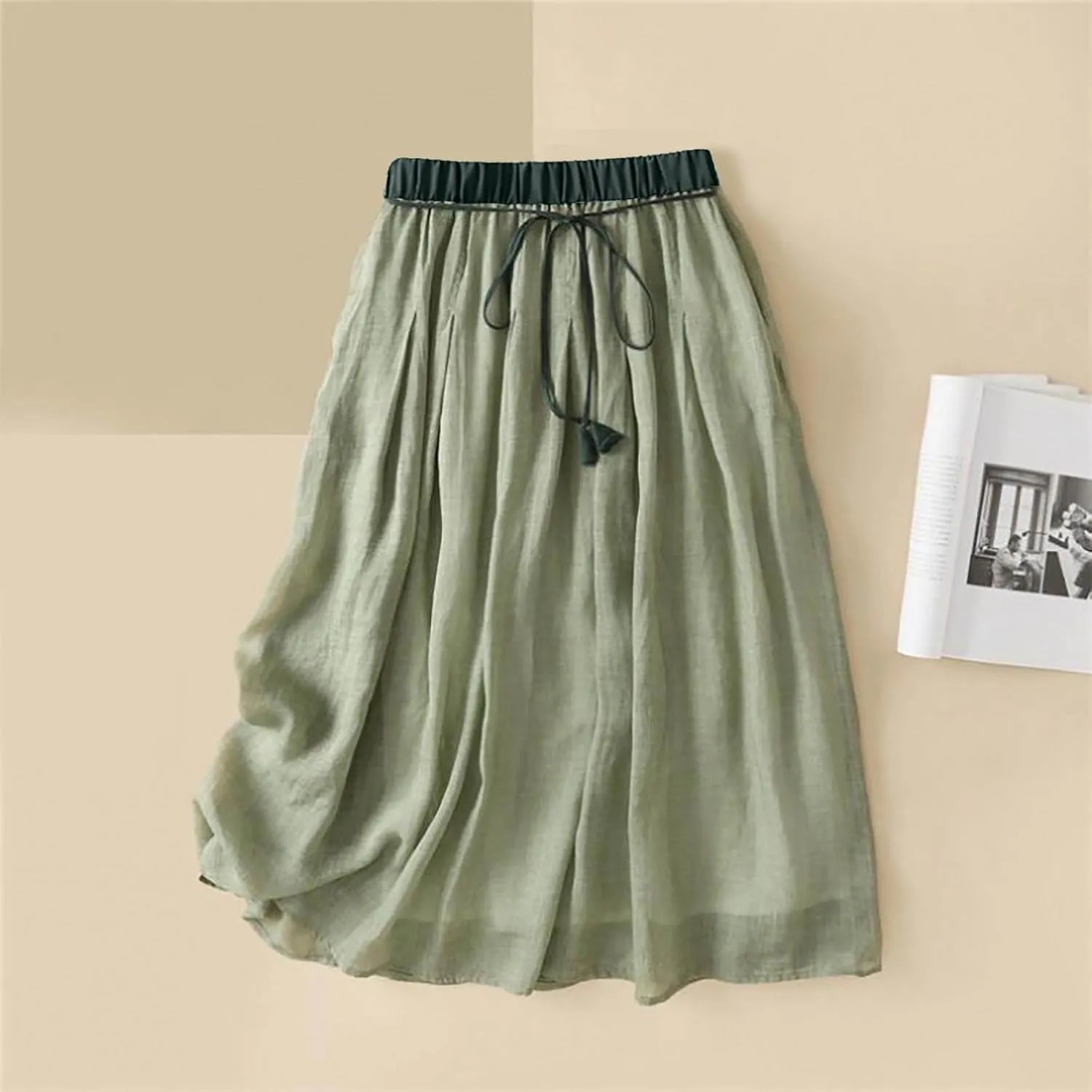 Cotton Linen Skirts for Women 2025 Summer Lightweight Beach Skirt Elastic Waist Lace-Up Flowy Boho Midi Skirt
