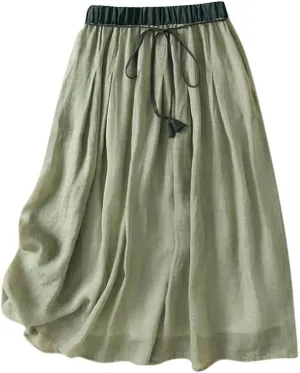Cotton Linen Skirts for Women 2025 Summer Lightweight Beach Skirt Elastic Waist Lace-Up Flowy Boho Midi Skirt