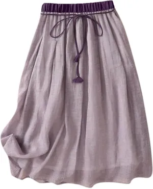 Cotton Linen Skirts for Women 2025 Summer Lightweight Beach Skirt Elastic Waist Lace-Up Flowy Boho Midi Skirt