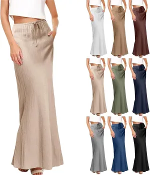 Cotton Linen Skirts for Women Maxi Length Summer Skirts Drawstring A-Line Casual Loose Flowy Ankle Long Beach Skirt