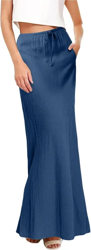 Cotton Linen Skirts for Women Maxi Length Summer Skirts Drawstring Low Rise A-Line Casual Loose Flowy Long Beach Skirt