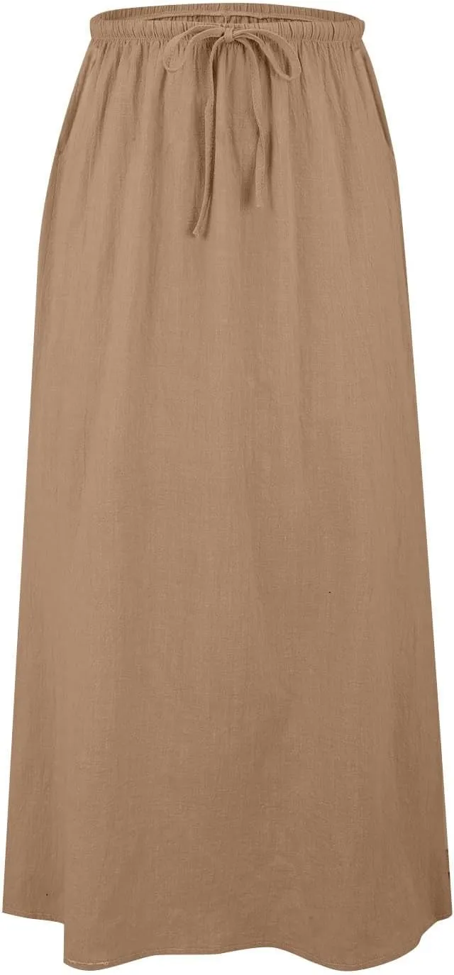 Cotton Linen Skirts for Women Maxi Length Summer Skirts Drawstring Low Rise A-Line Casual Loose Flowy Long Beach Skirt