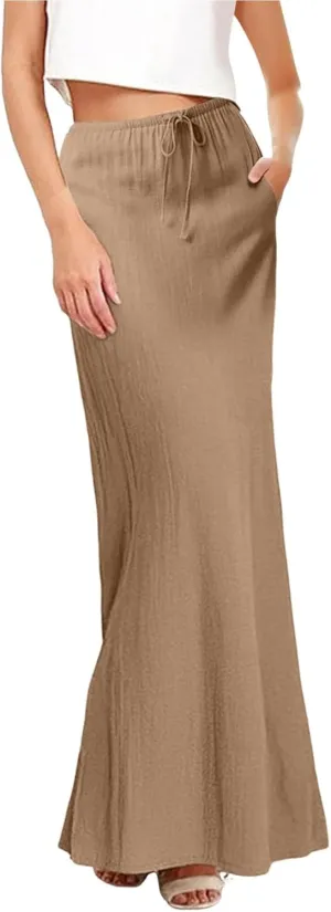 Cotton Linen Skirts for Women Maxi Length Summer Skirts Drawstring Low Rise A-Line Casual Loose Flowy Long Beach Skirt