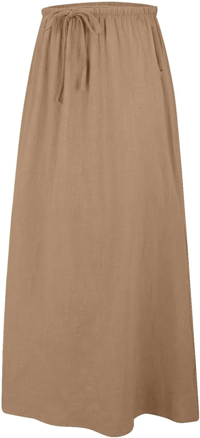 Cotton Linen Skirts for Women Maxi Length Summer Skirts Drawstring Low Rise A-Line Casual Loose Flowy Long Beach Skirt