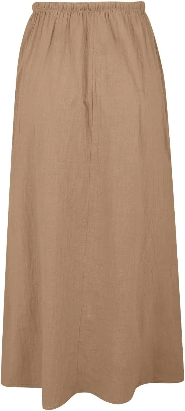 Cotton Linen Skirts for Women Maxi Length Summer Skirts Drawstring Low Rise A-Line Casual Loose Flowy Long Beach Skirt