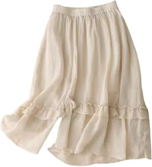 Cotton Linen Skirts for Women Summer Elastic High Waisted Ruffled Flowy Midi Skirt Casual Summer Ruched Loose Skorts