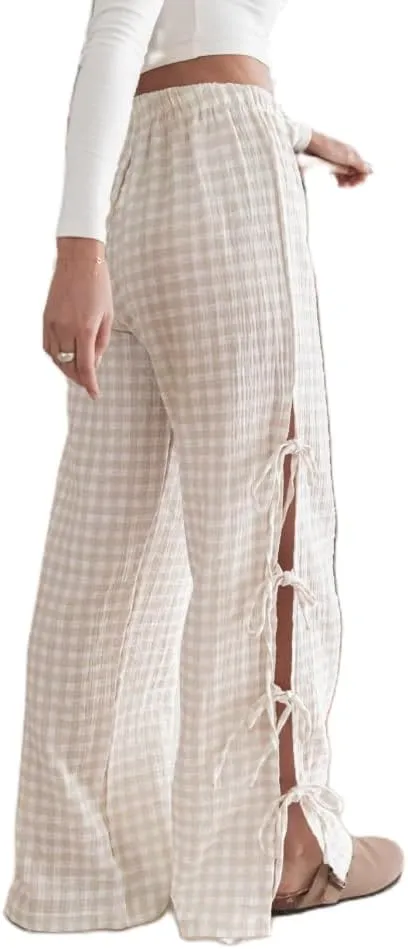 DSORVICD Women Y2k Striped Lounge Pants Casual Drawstring Elastic Waist Wide Leg Pajamas Pants Loose Fit Going Out Trousers