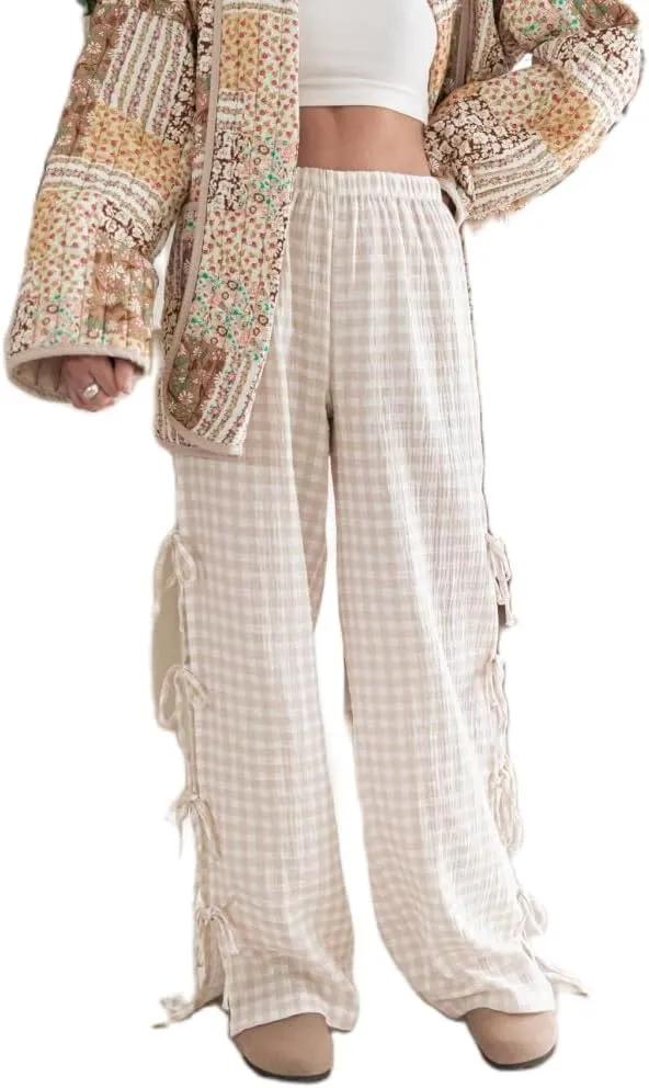 DSORVICD Women Y2k Striped Lounge Pants Casual Drawstring Elastic Waist Wide Leg Pajamas Pants Loose Fit Going Out Trousers