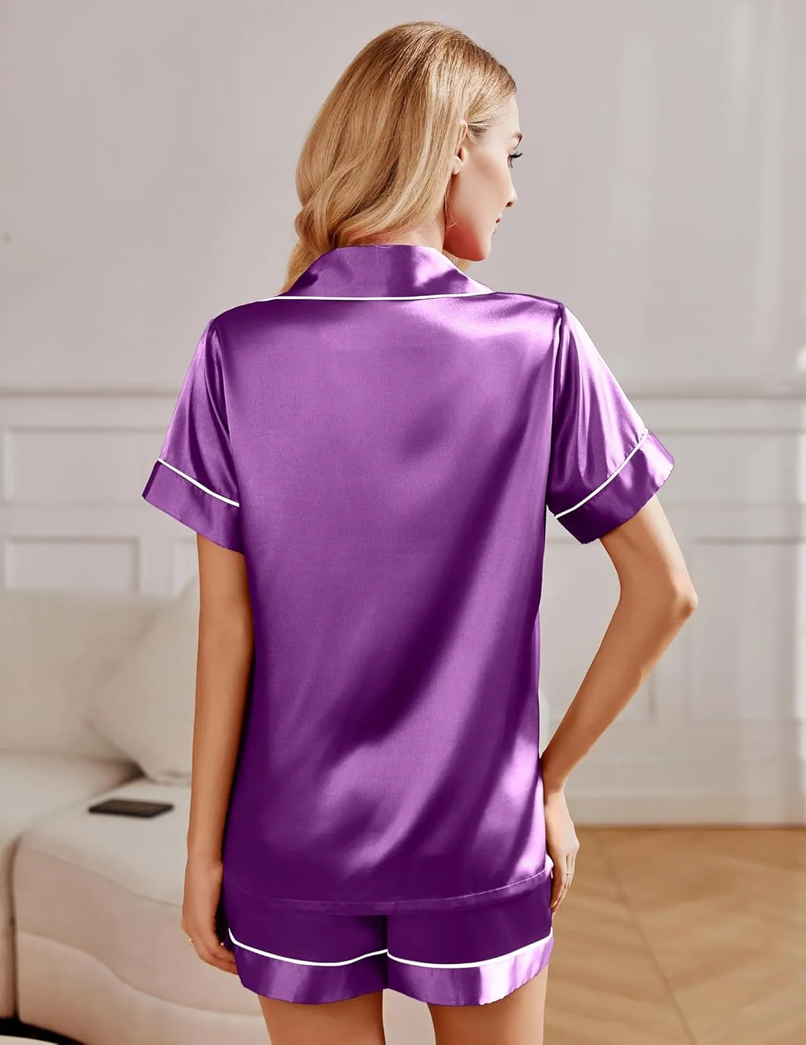 Ekouaer 2 Pack Womens Pajama Sets Silk Satin Short Sleeve Button Down Sleepwear Top and Shorts Pjs Lounge Set S-XXL