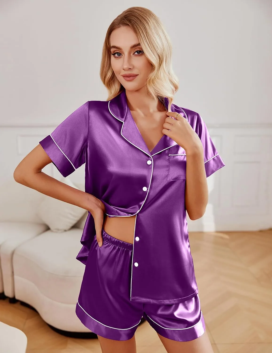 Ekouaer 2 Pack Womens Pajama Sets Silk Satin Short Sleeve Button Down Sleepwear Top and Shorts Pjs Lounge Set S-XXL
