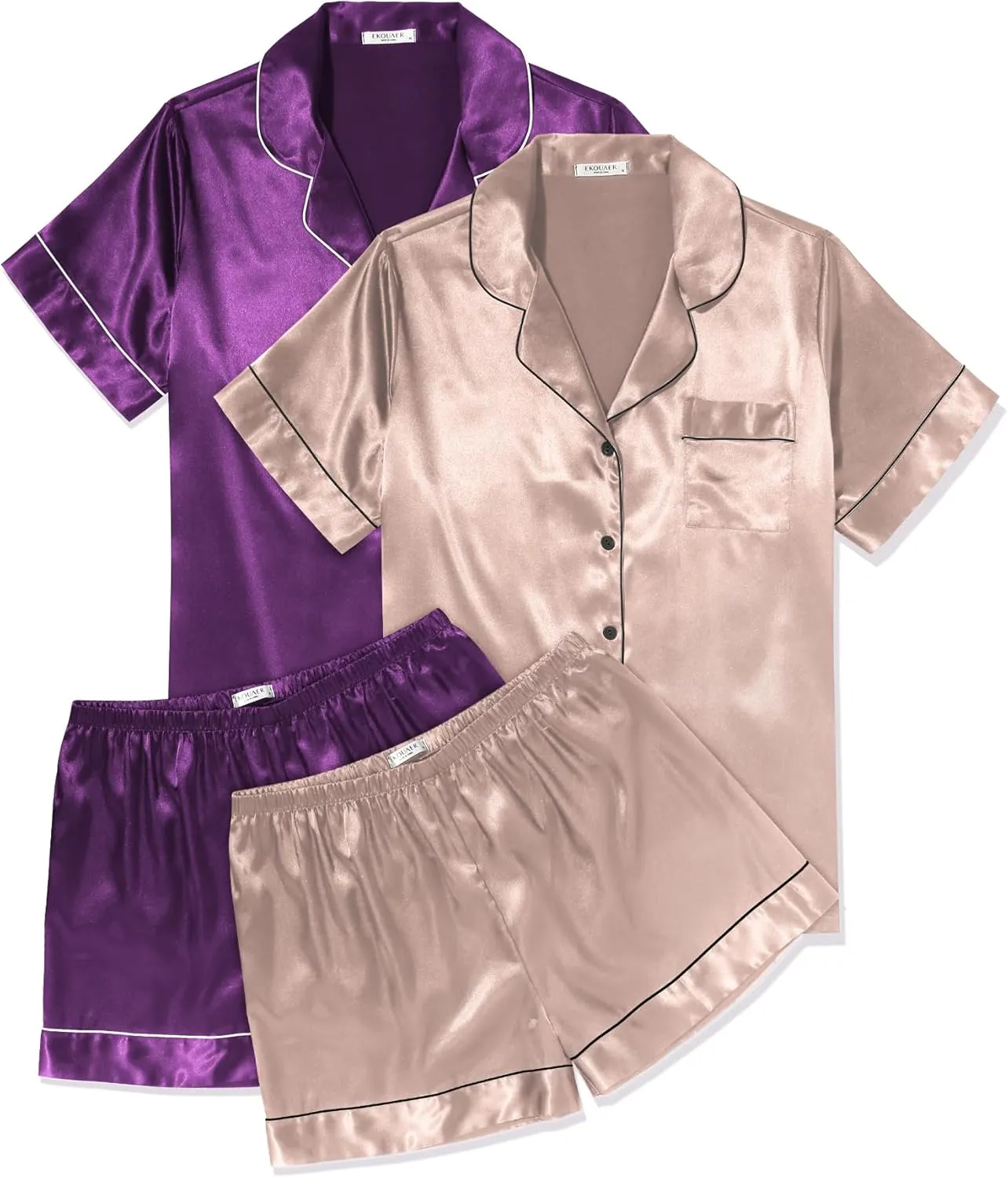 Ekouaer 2 Pack Womens Pajama Sets Silk Satin Short Sleeve Button Down Sleepwear Top and Shorts Pjs Lounge Set S-XXL