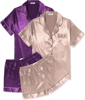 Ekouaer 2 Pack Womens Pajama Sets Silk Satin Short Sleeve Button Down Sleepwear Top and Shorts Pjs Lounge Set S-XXL
