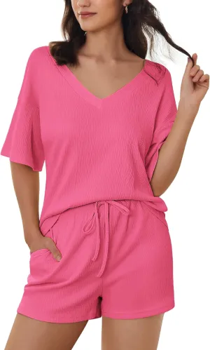 Ekouaer Women's 2 Piece Lounge Set V-Neck Pajama Sets Oversized Summer Outfits with Pockets