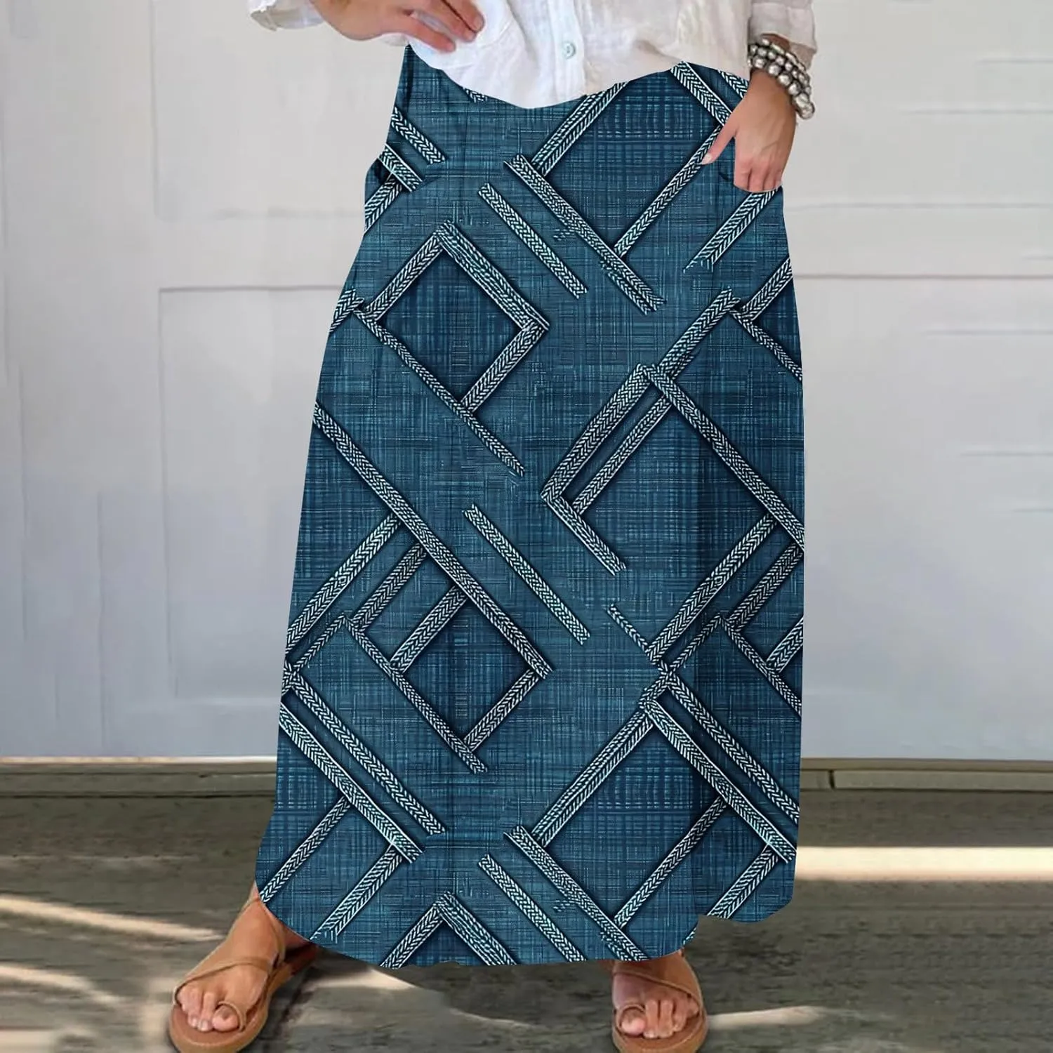 Fashion Skirts for Women Boho Graphic Trendy Beach Skirt Stretchy Pleated Plus Size Loose Western Skirt with Pocket