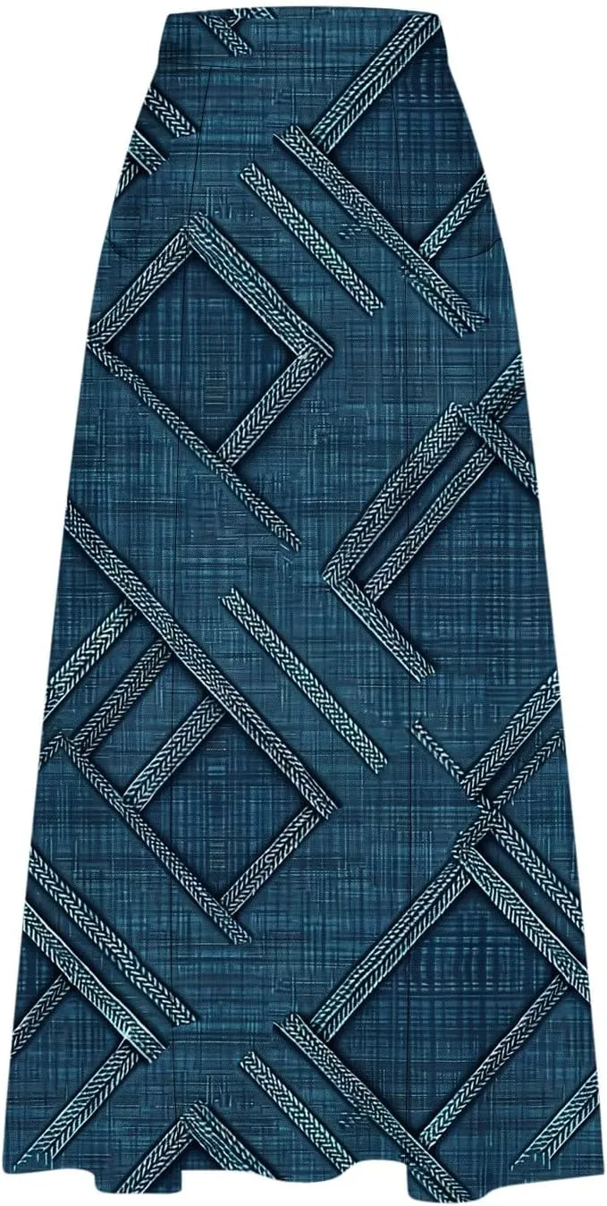 Fashion Skirts for Women Boho Graphic Trendy Beach Skirt Stretchy Pleated Plus Size Loose Western Skirt with Pocket