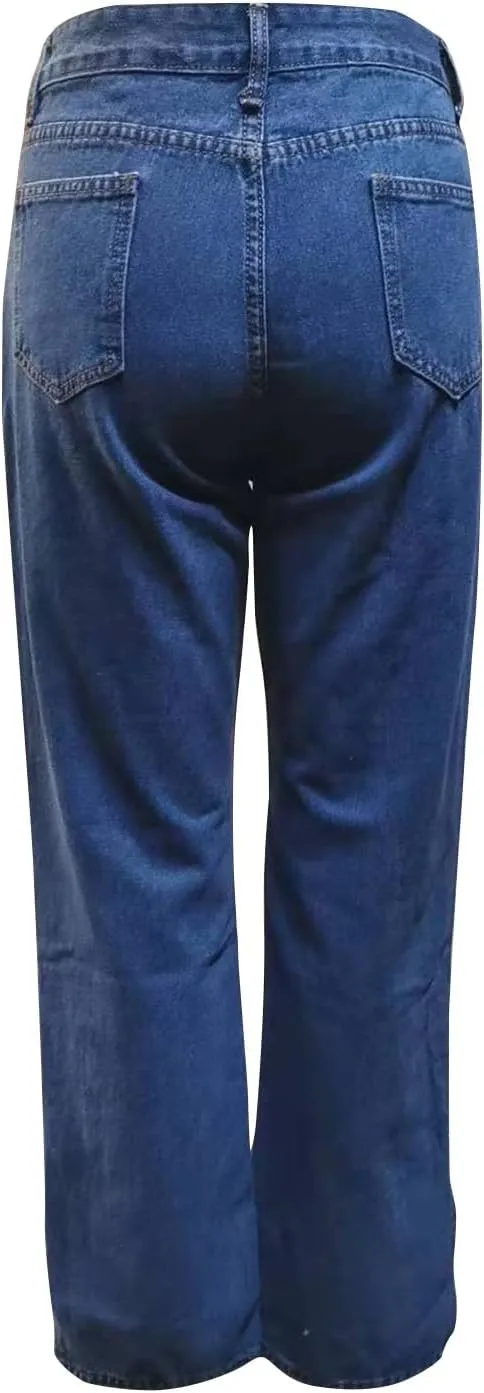 Flared Jeans for Women High Waisted Boyfriend Jeans Side Slit Baggy Straight Leg Jeans Washed Denim Pants with Pockets