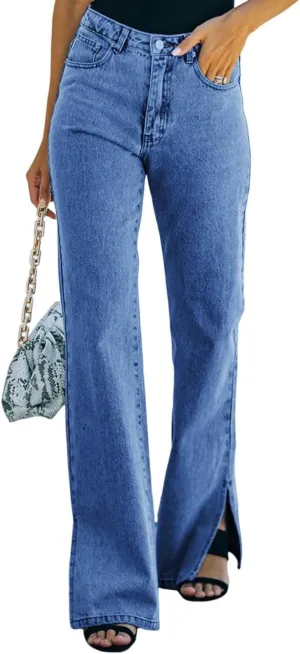 Flared Jeans for Women High Waisted Boyfriend Jeans Side Slit Baggy Straight Leg Jeans Washed Denim Pants with Pockets