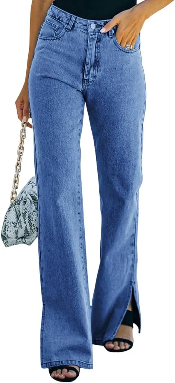 Flared Jeans for Women High Waisted Boyfriend Jeans Side Slit Baggy Straight Leg Jeans Washed Denim Pants with Pockets