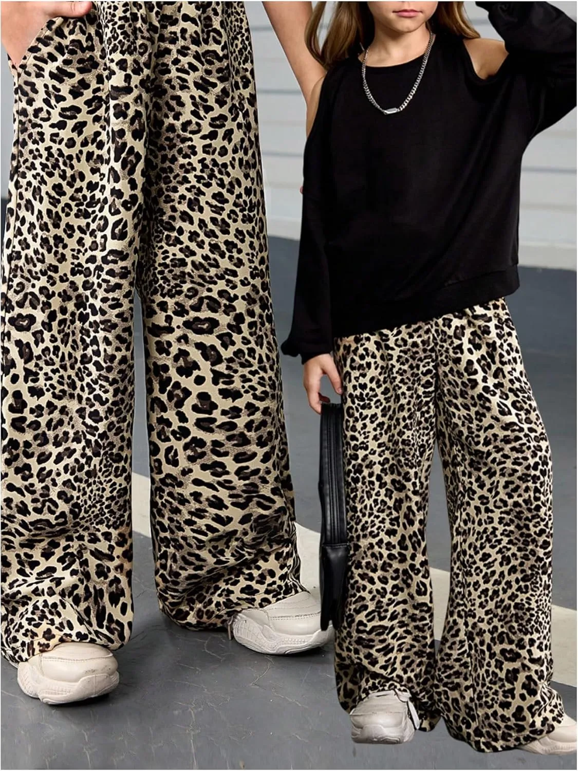 Floerns Girl's Leopard Print Patched Drawstring Waist Wide Leg Y2k Pants