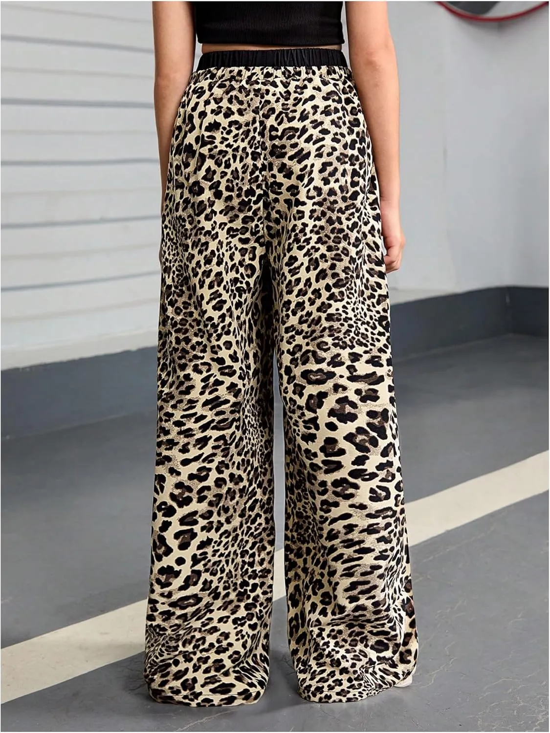 Floerns Girl's Leopard Print Patched Drawstring Waist Wide Leg Y2k Pants