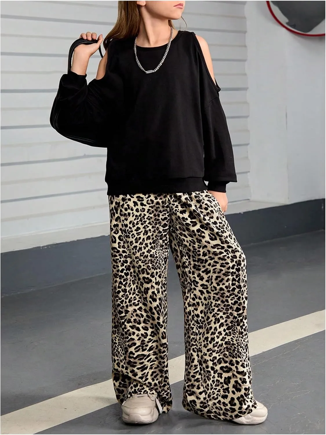 Floerns Girl's Leopard Print Patched Drawstring Waist Wide Leg Y2k Pants